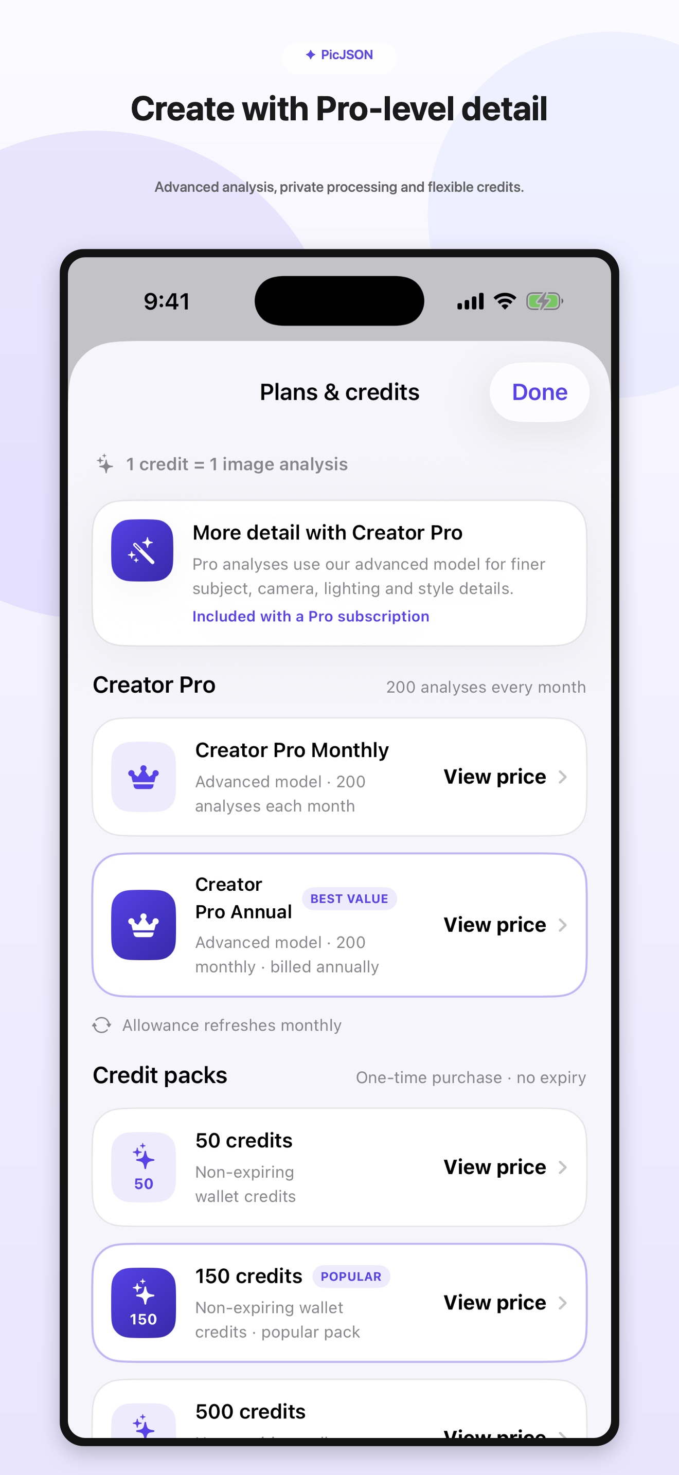 PicJSON Creator Pro and credit options